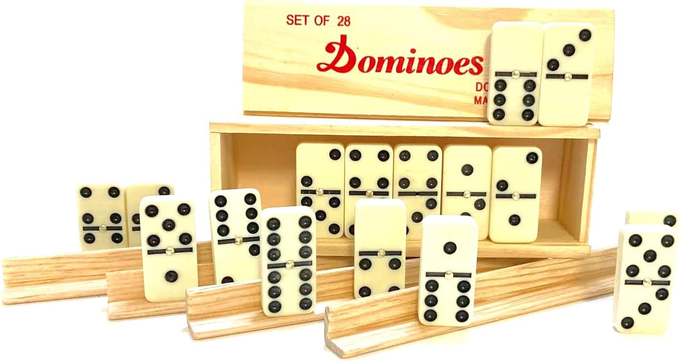 Games Dominoes Double 6, Tournament Size, Two Toned with Spinner (Center) Rivets, in Wooden case
