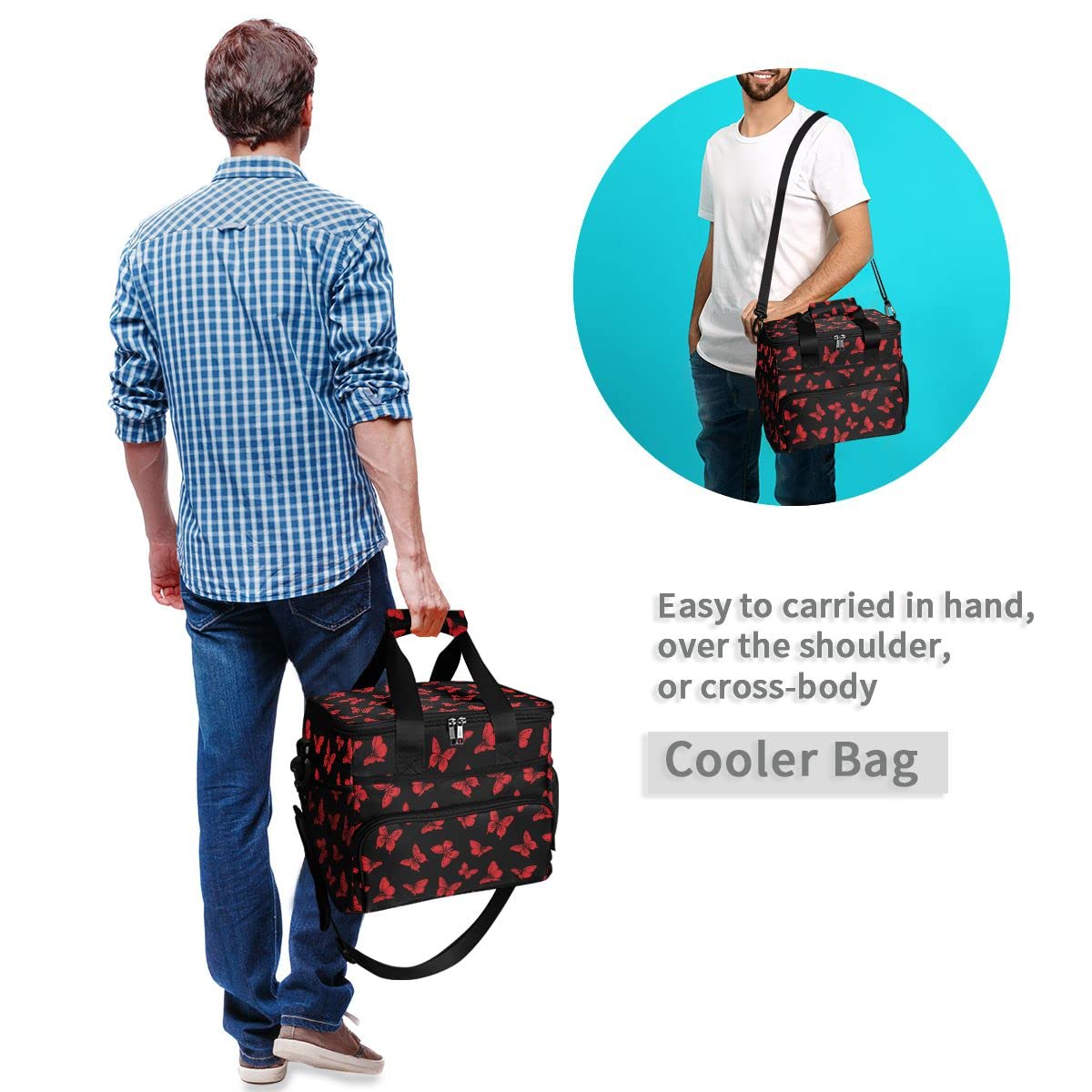 Bolsa de picnic de 15 L, 24 latas, bolsa de almuerzo aislada con mariposa, bolsas para viajes, camping, barbacoa, actividades al aire libre, asas, correa para el hombro