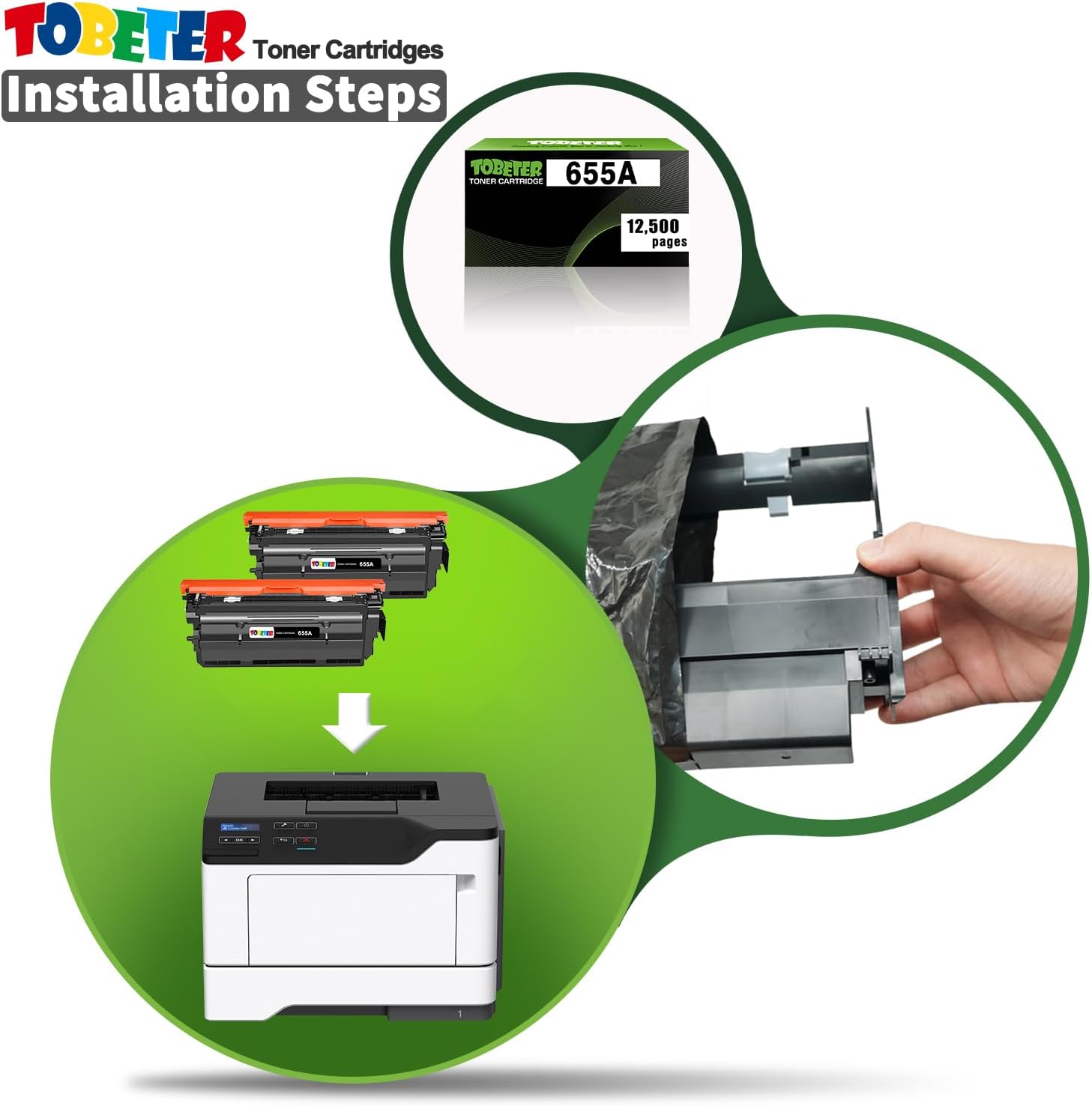 ToBeter 2PK 655A CF450A Toner Black Compatible for HP Color Enterprise M652 M653 M681 M682 M652dn M653dn M681dh M682z Toner Black (12.5K Pages), 2-Pack for HP 655A CF450A Toner High Yield Cartridge