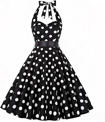 Womens 1950s Halter Vintage Dress, Polka Dots Dresses Tea Party, Outdoor Picnic, Summer Vacation, Beach Outfits
