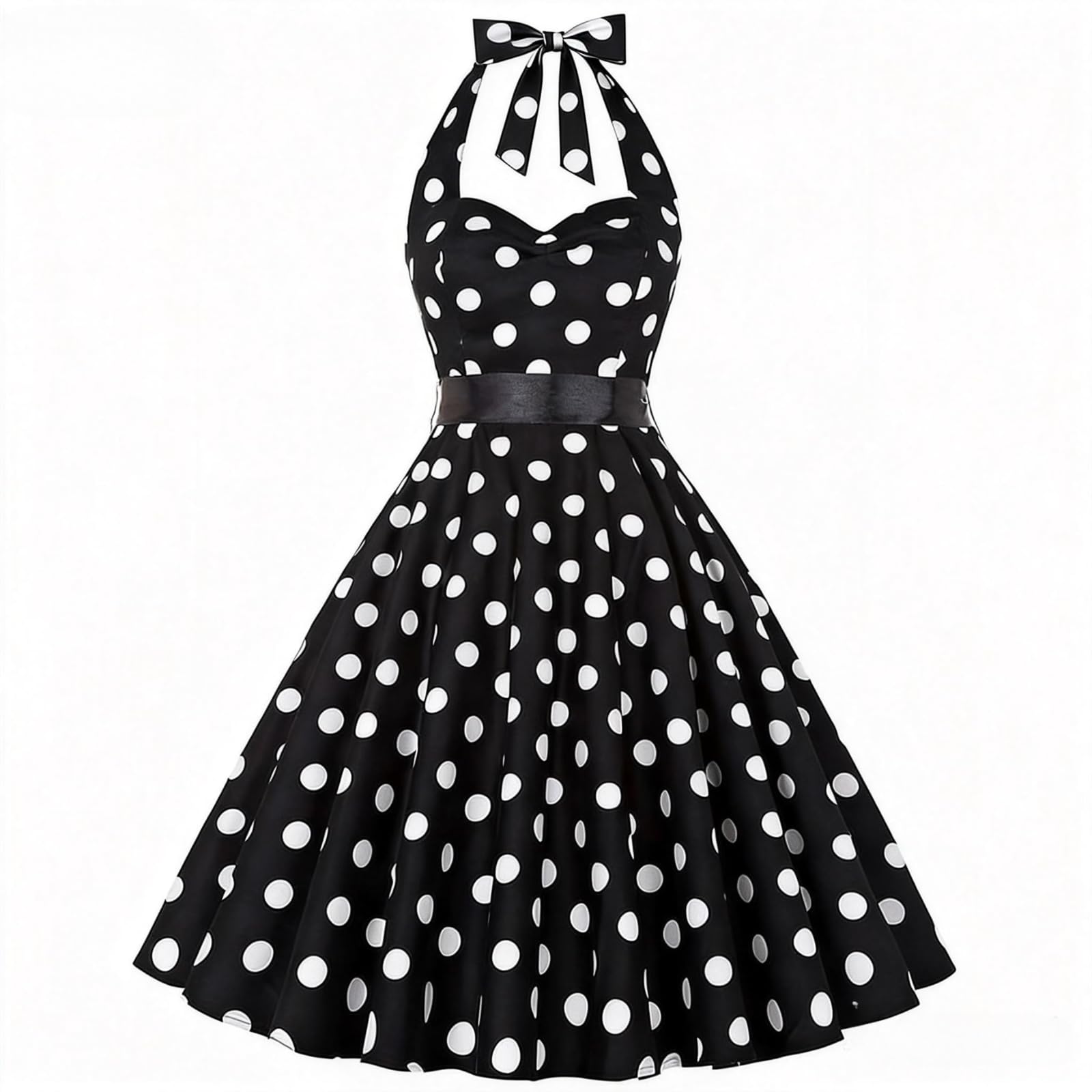 HAPNBCELE Vintage Dress 1950s for Women Tea Party Halter Polka Dots Dresses Picnics Summer Vacation Beach Outfits Slim Fit (Medium