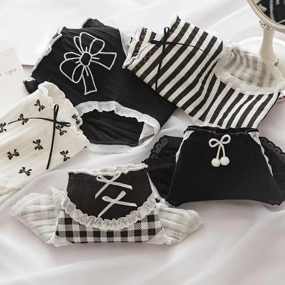 5 Pack Women Teens Pink Cotton Brief Japanese Kawaii Anime Lolita Panties Underwear Bikini Panty Set: Medium Black