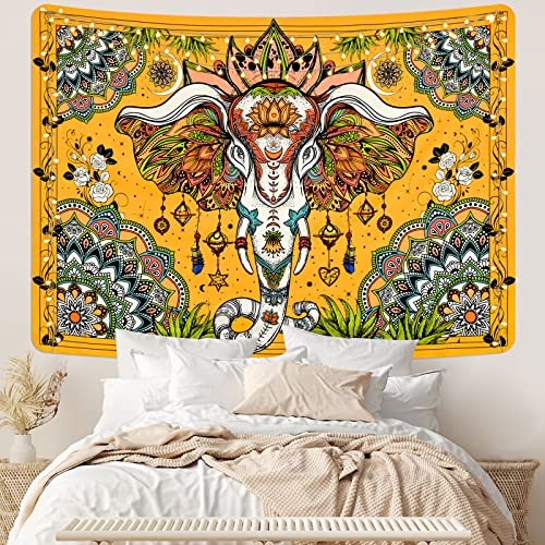 Uspring Bohemian Elephant Tapestry Yellow Mandala Tapestry Flower Psychedelic Tapestry Hippie Aesthetic Tapestry Indian Colorful Tapestry Wall Hanging For Room (59.1 × 82.7 Inches) #TOP1