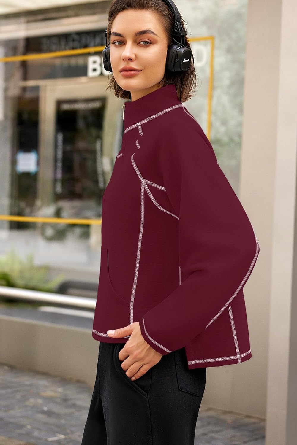 ReachMe Fleece Quarter Zip Pullover Women Oversized Mock Neck Sweatshirts Half Zip Pullover Casual Tops - Image 5