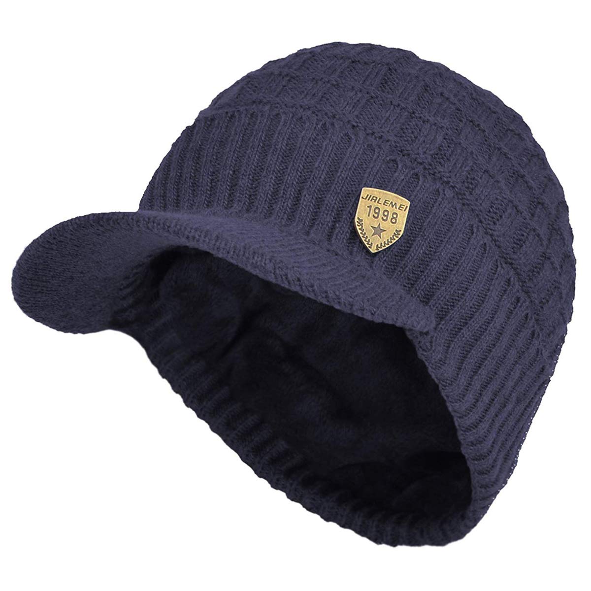 Yixda Men's Winter Hat with Peak Warm Knitted Beanie Cap with Fleece Lining, navy, One Size