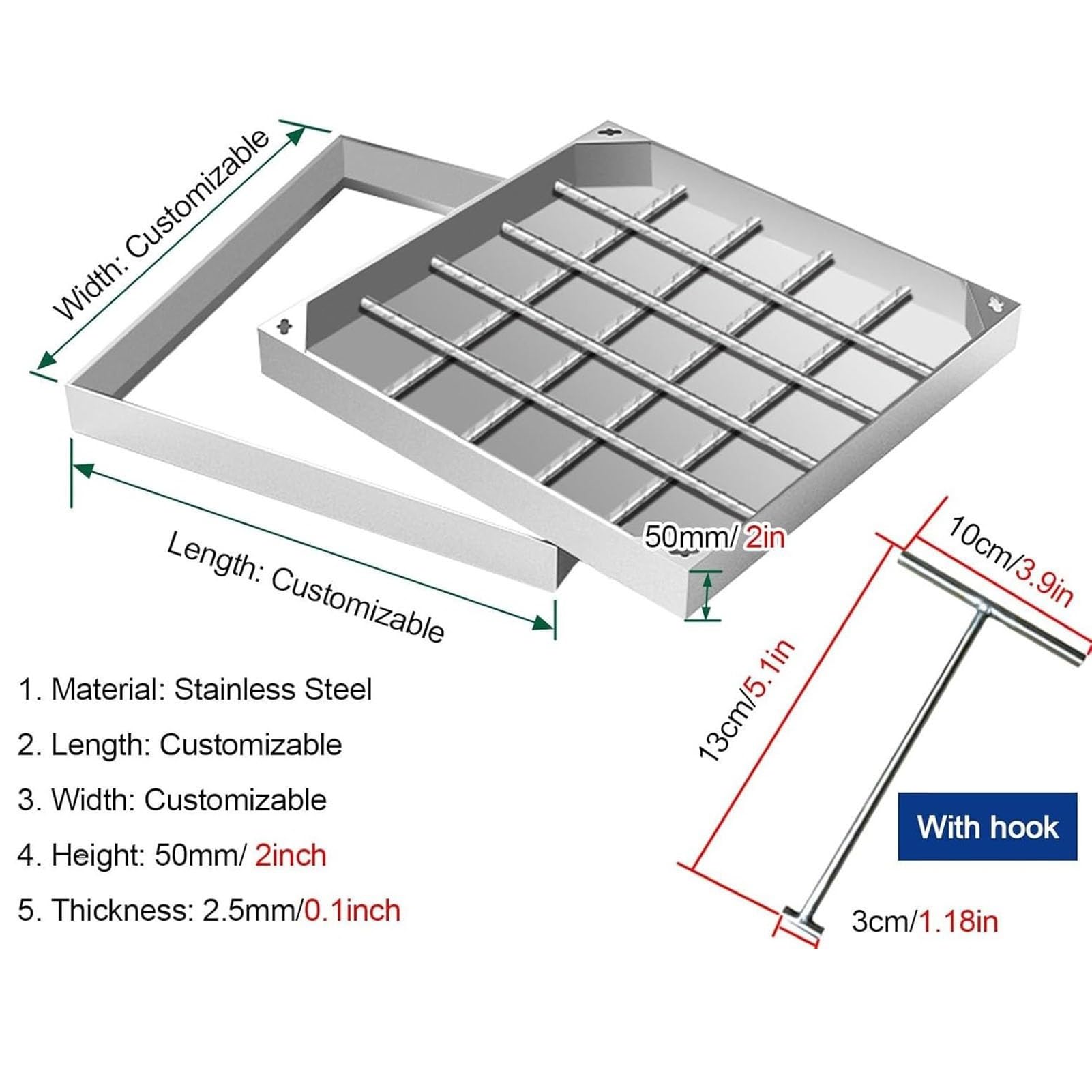 Coperchio e telaio per tombino in acciaio inox resistente, coperchio quadrato per fossa settica con base, coperchio di ispezione invisibile per pozzetto fognario per vialetto e giardino (76x66 cm)