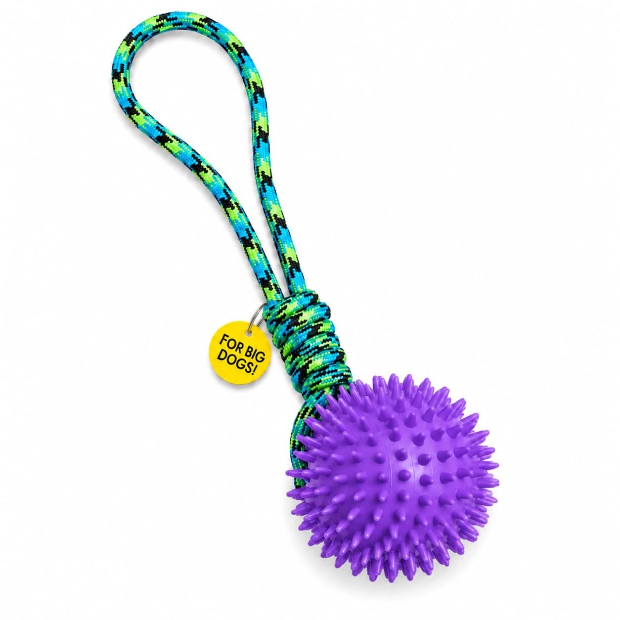 Large Rubber Ball & Rope Dog Toy for Large Dogs, Tough TPR Chew Ball with Tug Rope, Spiky Interactive Teeth Cleaning Toy, 40cm, Purple