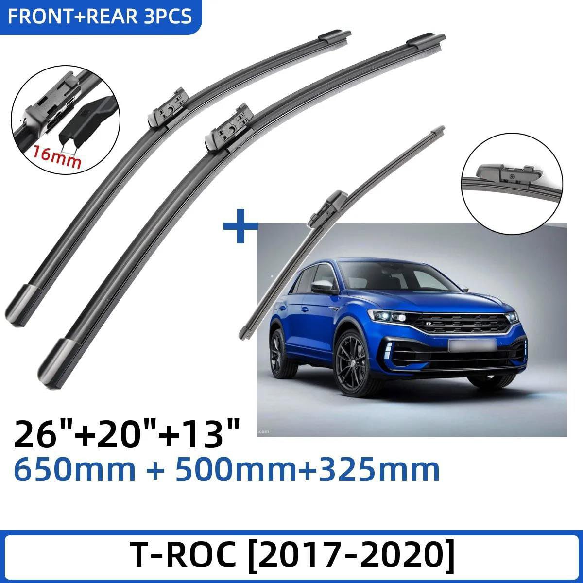 Essuie-glaces pour T-ROC 2017-2020, jeu de 3, avant 66 cm + arrière 51 cm, caoutchouc, accessoires de pare-brise