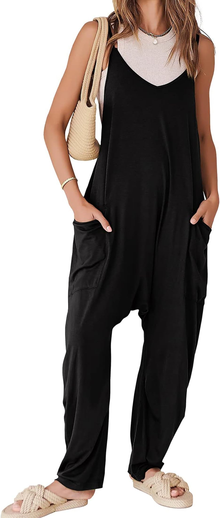 MurimiaWomen's Casual Rompers Sleeveless Loose Spaghetti Strap Baggy Overalls Jumpsuit with Pockets