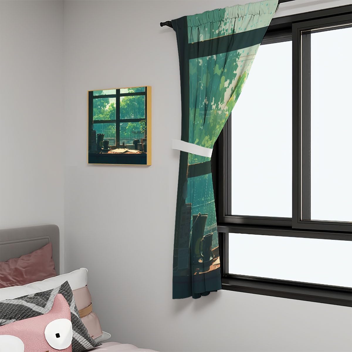 Japanese Anime Blackout Curtains for Girls Boy Home Decor, Aesthetics Window Glass Desk Rain Day Rod Pocket Thermal Insulated Drapes Darkening Window Curtain for Bedroom Living Room, 63 x 63 Inch