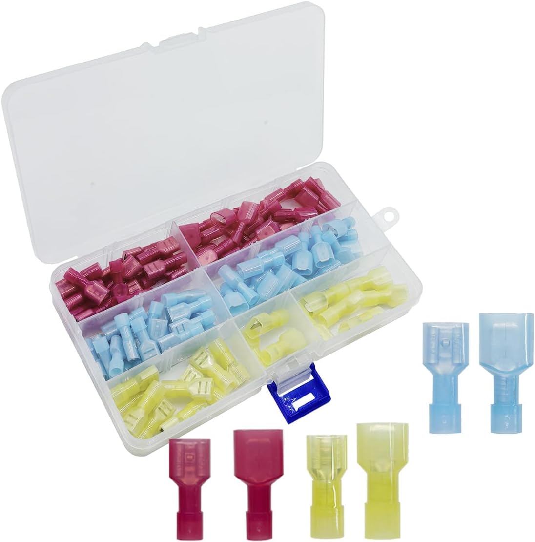 100PCS Nylon Spade Wire Connectors Assortment Kit, 22-10 AWG Male and Female Quick Disconnect Connectors Kit, Automotive Electrical Insulated Spade Wire Crimp Terminals for Marine Electronics