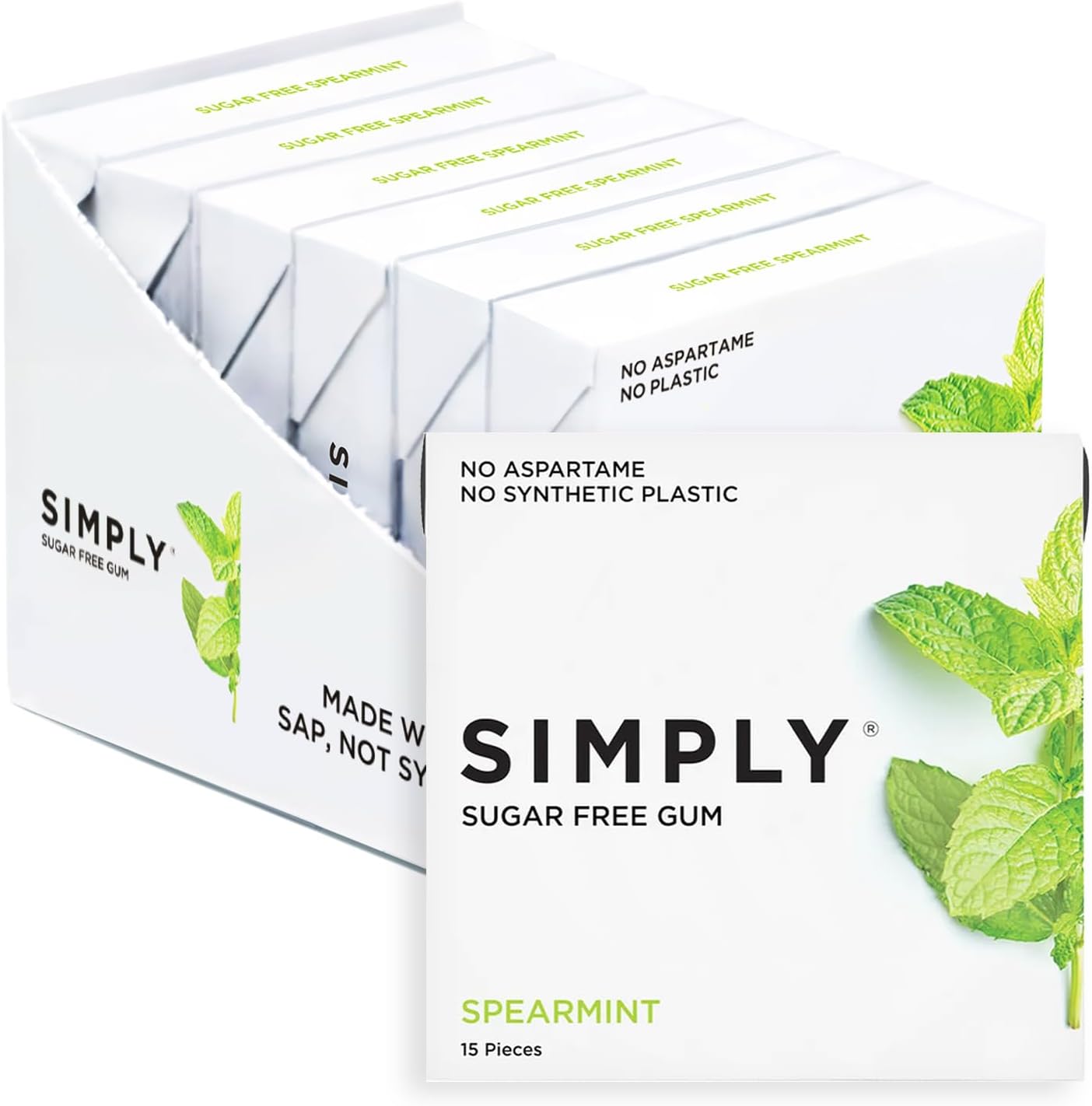 SIMPLY Gum | Dental Gum | Xylitol Chewing Gum - Sugar Free | Spearmint | Pack of Six (90 Pieces Total) | Synthetic Plastic Free + Sugar Free + Aspartame Free