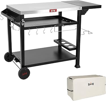 Feasto 40x26 Grill Cart, Stainless Steel Top, 3-Shelf with Wheels & Cover | Pizza Oven Table, Pizza Oven Stand, BBQ Grill with Wheels for Food Prep, Outdoor & Indoor, Dining, Kitchen Cart Table