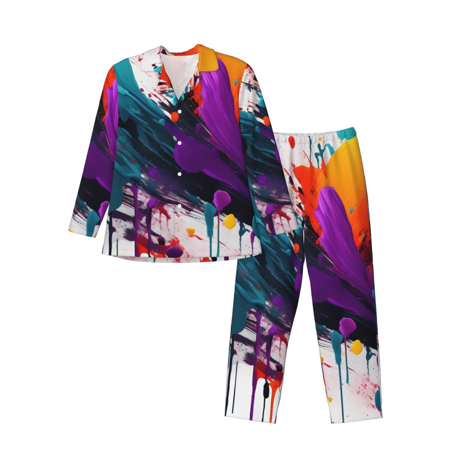 Herren-Pyjama-Set mit Farbspritzer-Druck, langärmelig, zweiteilig, Hauskleidung, bequeme Nachtwäsche