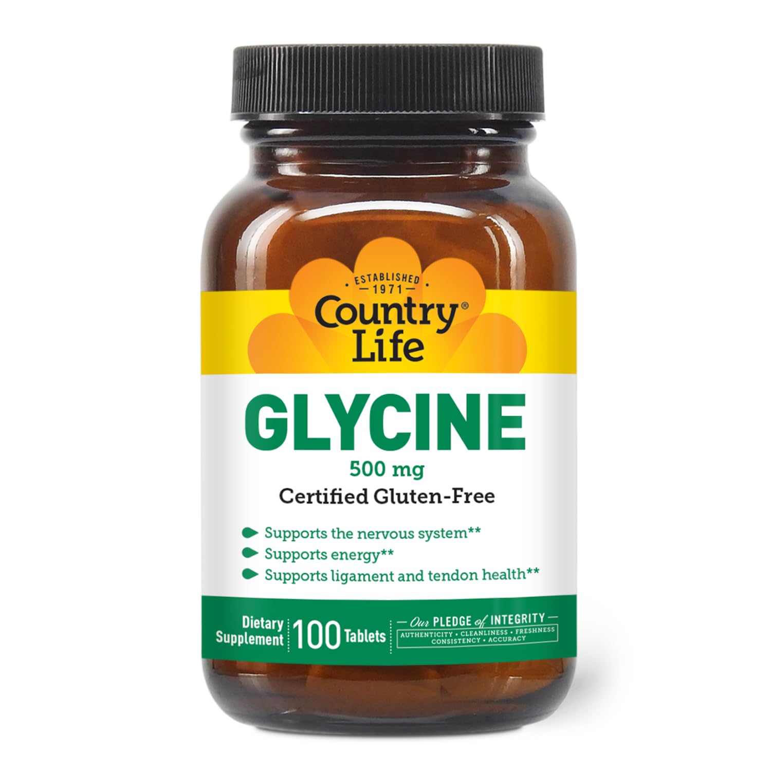 Country Life Glycine 500 mg with B-6, 100 Tablets, Certified Gluten Free, Certified Vegan