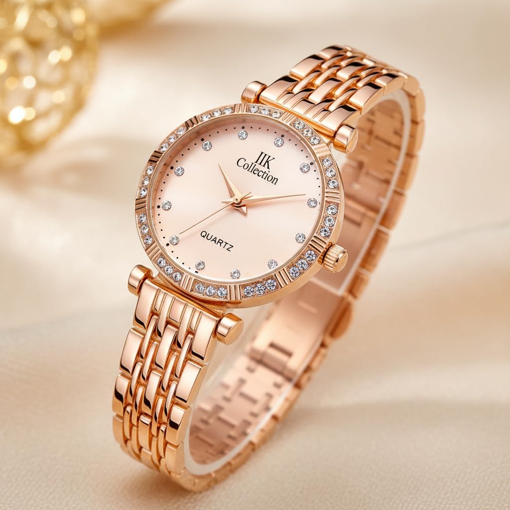 watches for women round studded dial |analogue quartz movemnet ladies watch|long battery life|stainless steel adjustable bracelet chain strap|double lock clasp safety watches for girls