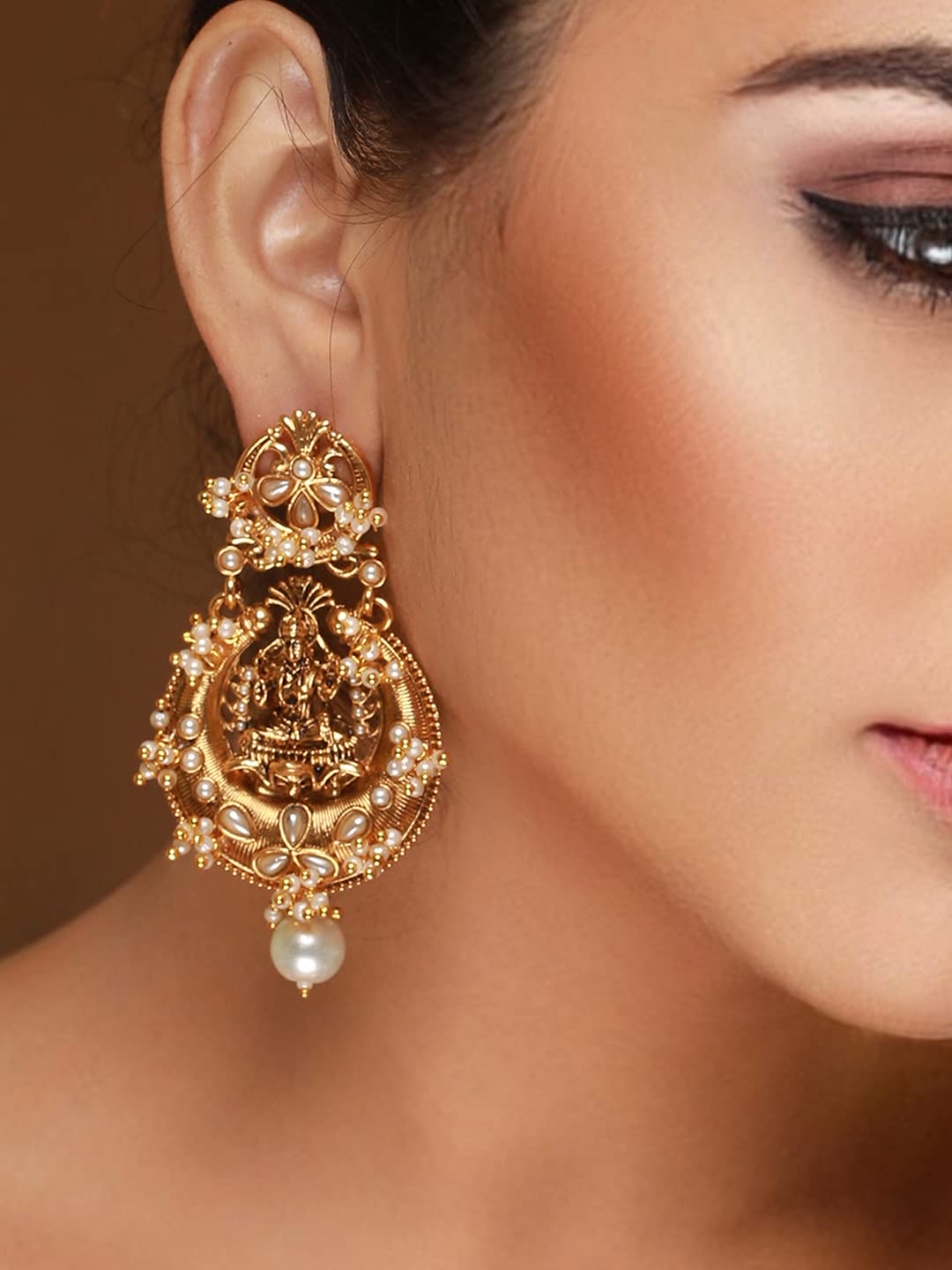 Goddess Laxmi Floral Pearl Plated Earrings