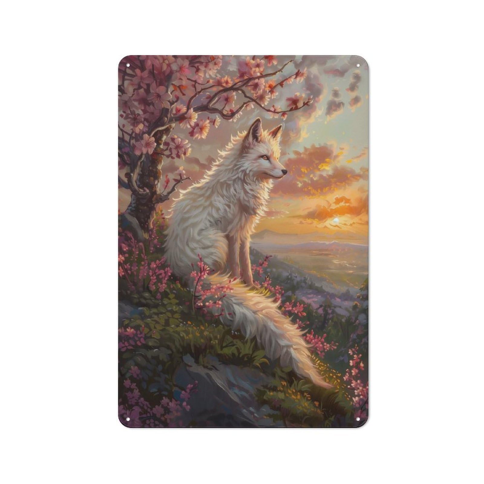 Vintage Tin Sign with Art Fox Blossom Tree Art Design 30x20cm, Nostalgic Nostalgic Wall Art for Living Room, Hallway, Kitchen Or Cafe