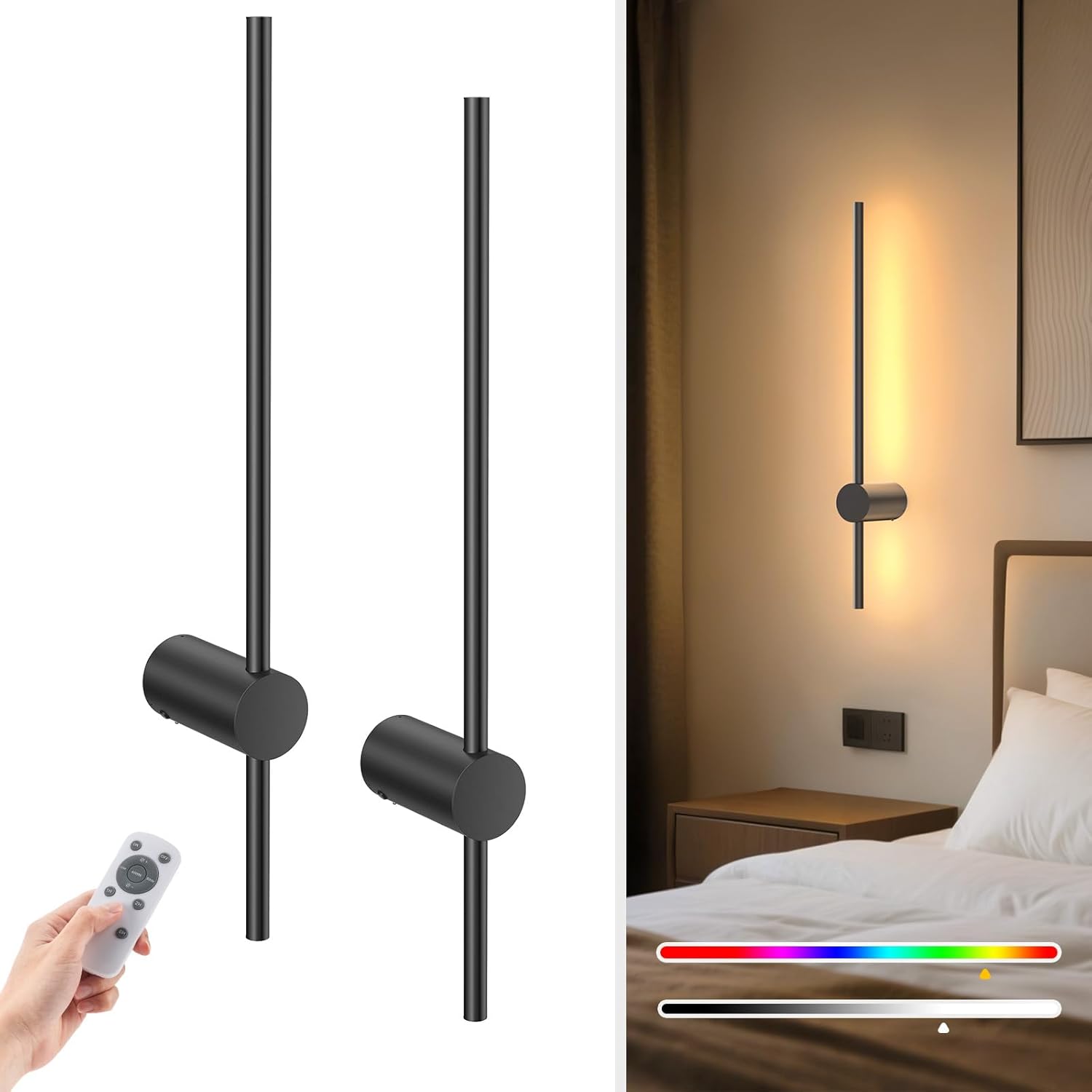 NIORSUN 24 Inch Battery Operated Wall Sconce Set of 2,Black Minimalist Rechargeable LED Wall Lights with Remote, 10 Colors Dimmable Wireless Wall Lamp for Living Room Bedroom Hallway Black 24 Inch