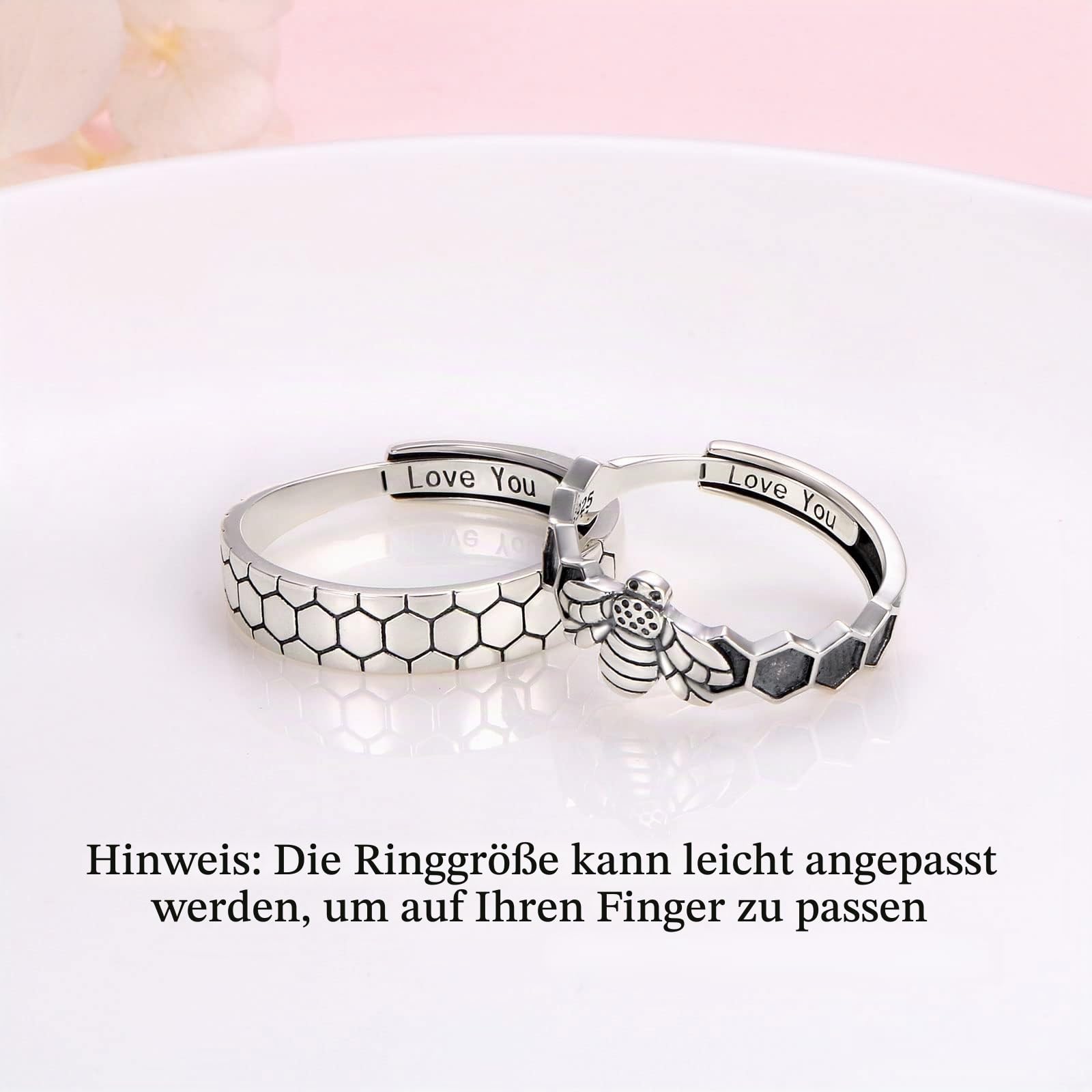 Biene Wabe Paar Ringe Set, 925 Sterling Silber Niedliche Tiere Matching Ring für Paare Eingraviert I Love You, Einstellbare Verlobung Hochzeit Versprechen Ring für Sie und Ihn