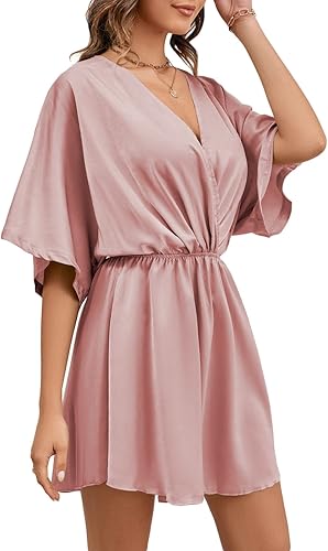 Vista 3 de LYANER Minivestido elegante de satén con cuello en V y volantes para mujer