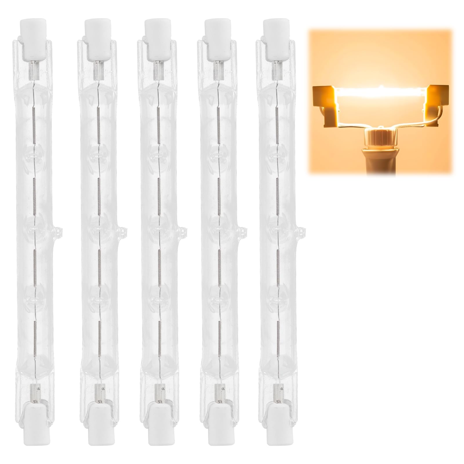 Cateye R7S Halogen Light Bulbs 118mm, 5 Pack R7S 200W 118mm Dimmable Tungsten Linear for Outdoor Security Floodlight, Halogen Bulbs 2700k Warm White, J118 Linear Double Ended Lamp for Work, Security