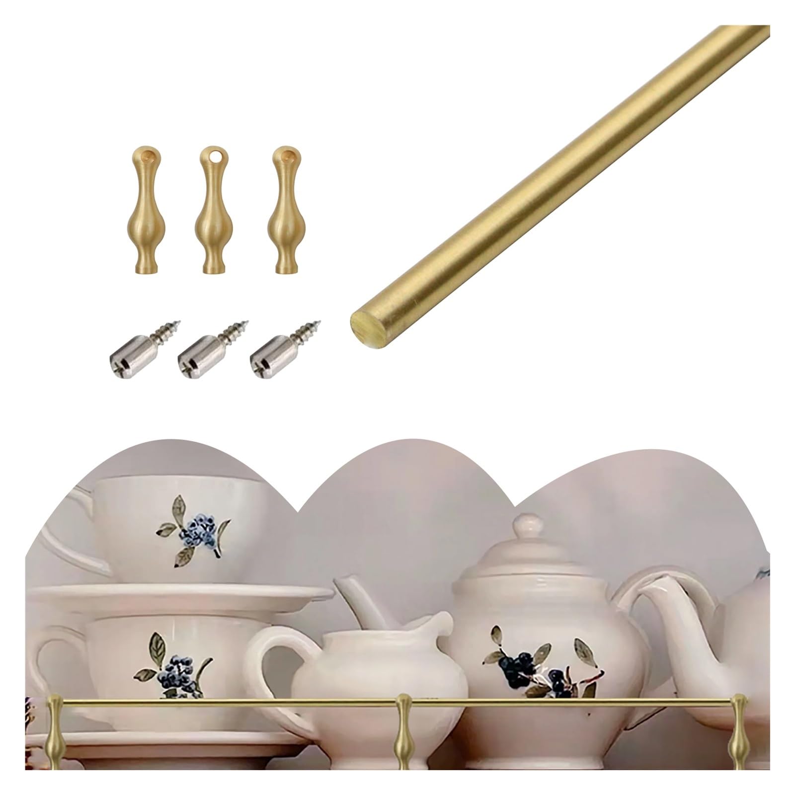 Peynir Brass Shelf Plate Rail With Spindles For Kitchen Cabinet Shelving, 8-60Inch Long Custom Anti-Tipping Guardrail, For Home Office Retail Stores(28Cm/11.0In)