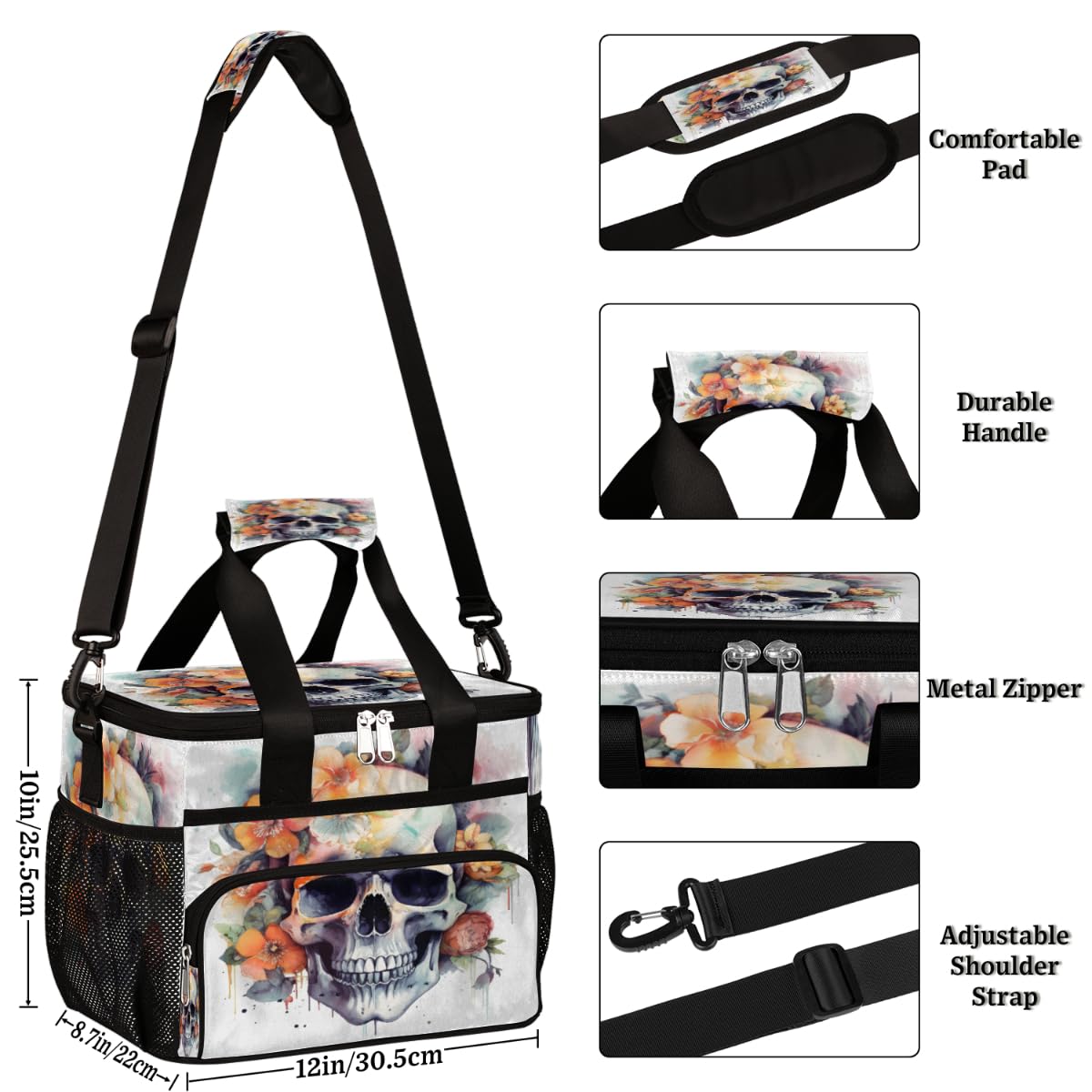 Skull Flower Insulated Picnic Backpack Lunch Box for Women Men Picnic Basket Tote Lunch Bag Picnic Bag Portable Lunch Bags for Picnic, Beach, Work, Trip,Office, Camp Sugar Skull Flowers