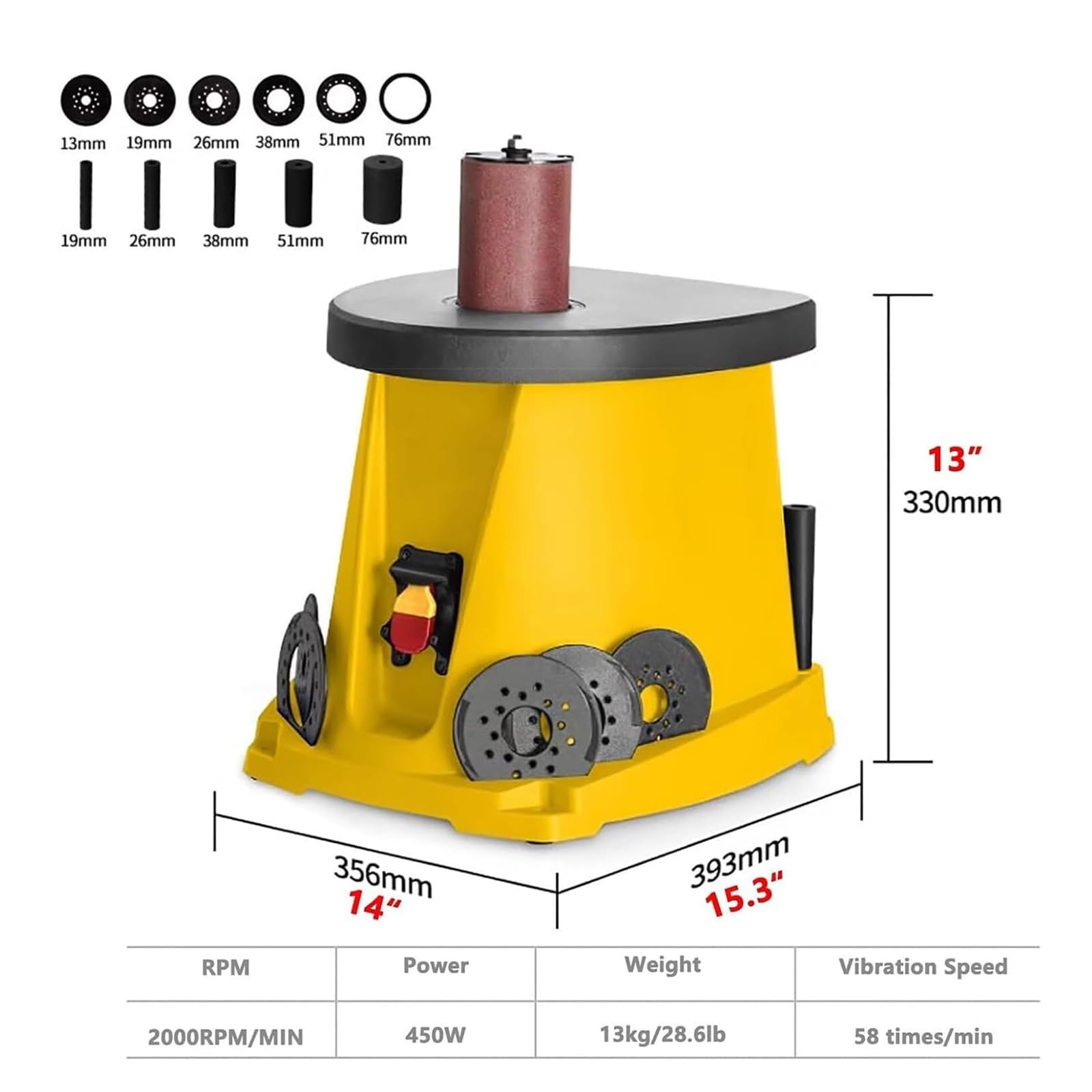 Lijadora de husillo oscilante, lijadora de columna eléctrica de 450 W con 5 manguitos de lijado y 3 juegos de papel de lija, lijadora de tambor telescópica vertical, para carpintería