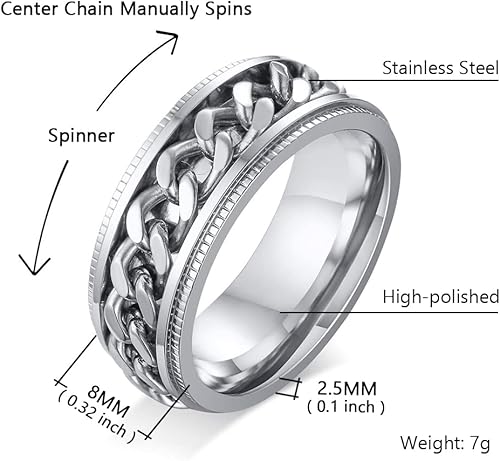 Miniatura 2 de Anillo giratorio para hombre, anillos de ansiedad de acero inoxidable de 0.315 pulgadas para hombres y mujeres, alivio de la ansiedad, plateado,