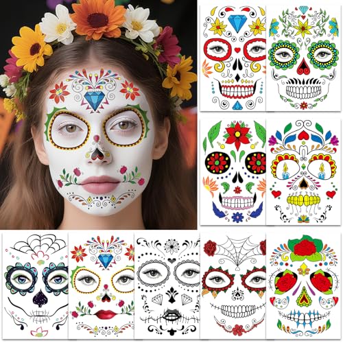 Leesgel Day of the Dead Costumes Face Tattoo 9 Sheets Temporary Tattoos Stickers for Day of the Dead Mask Face Paint Makeup Accessories Dia de Los Muertos Halloween Decorations