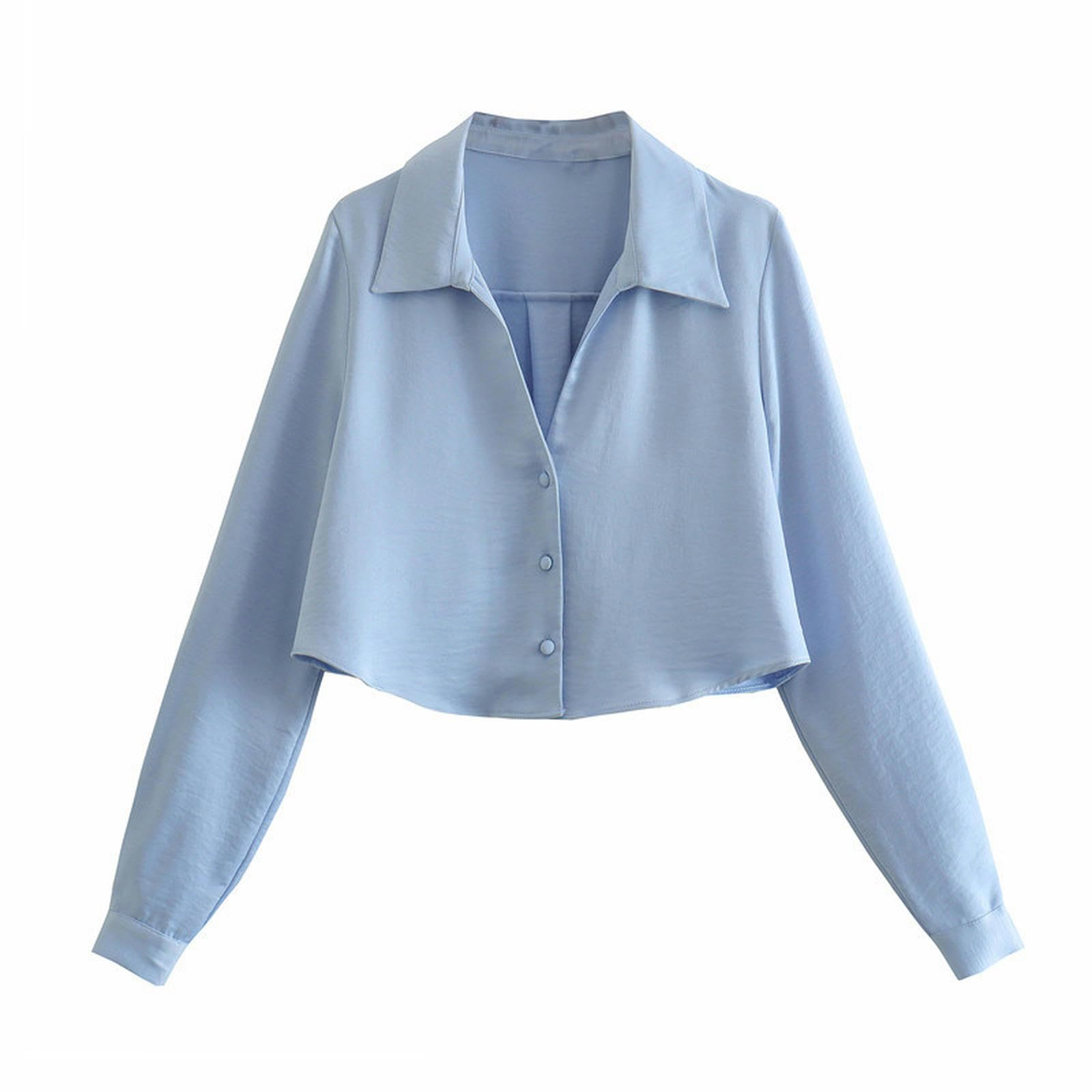 Camisa drapeada Corta Textura Satinada primaveral para Mujer - Azul - XS