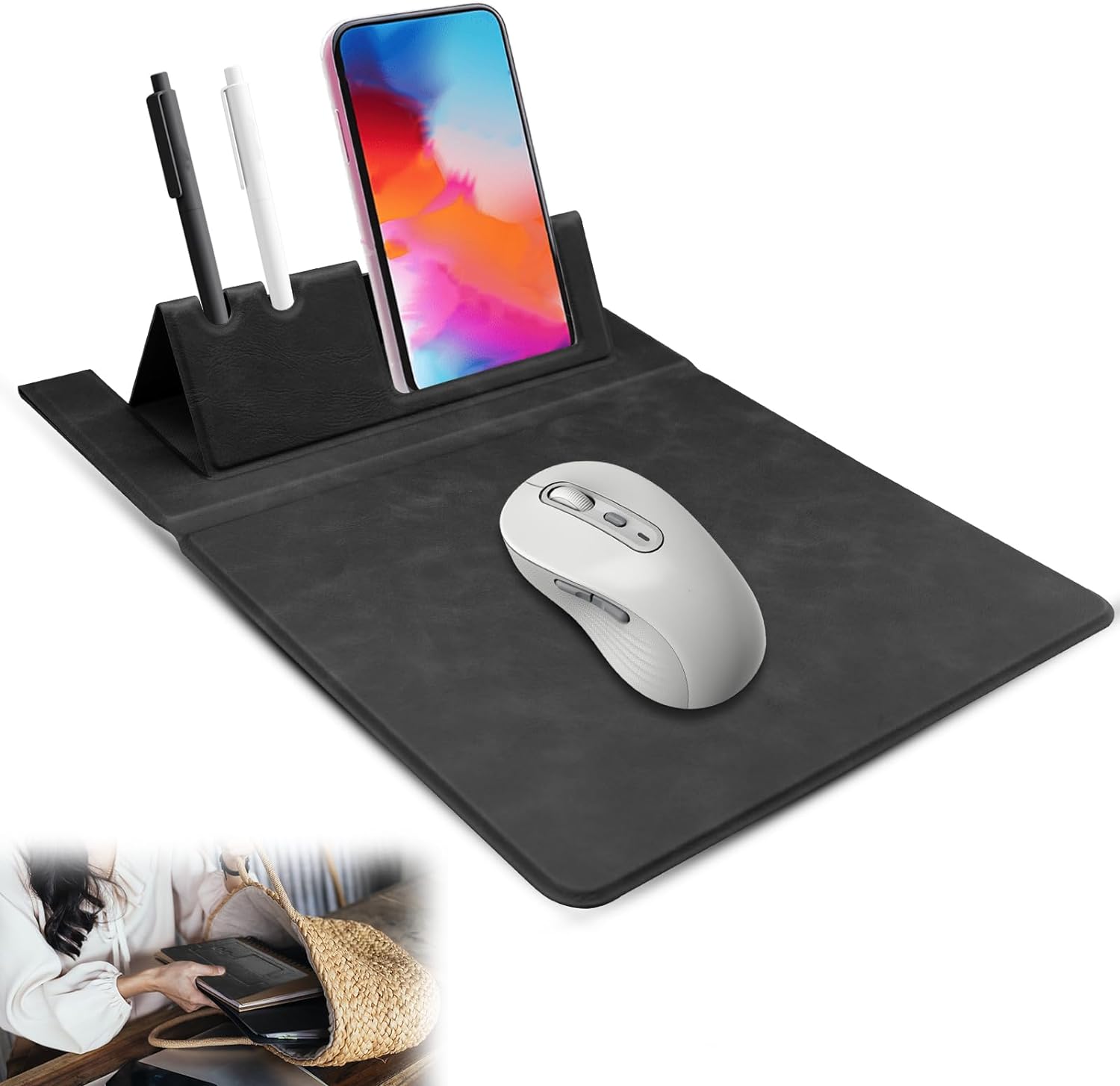 Portable Mouse Pad, Leather Laptop Mouse Pad with Phone & Pen Holder