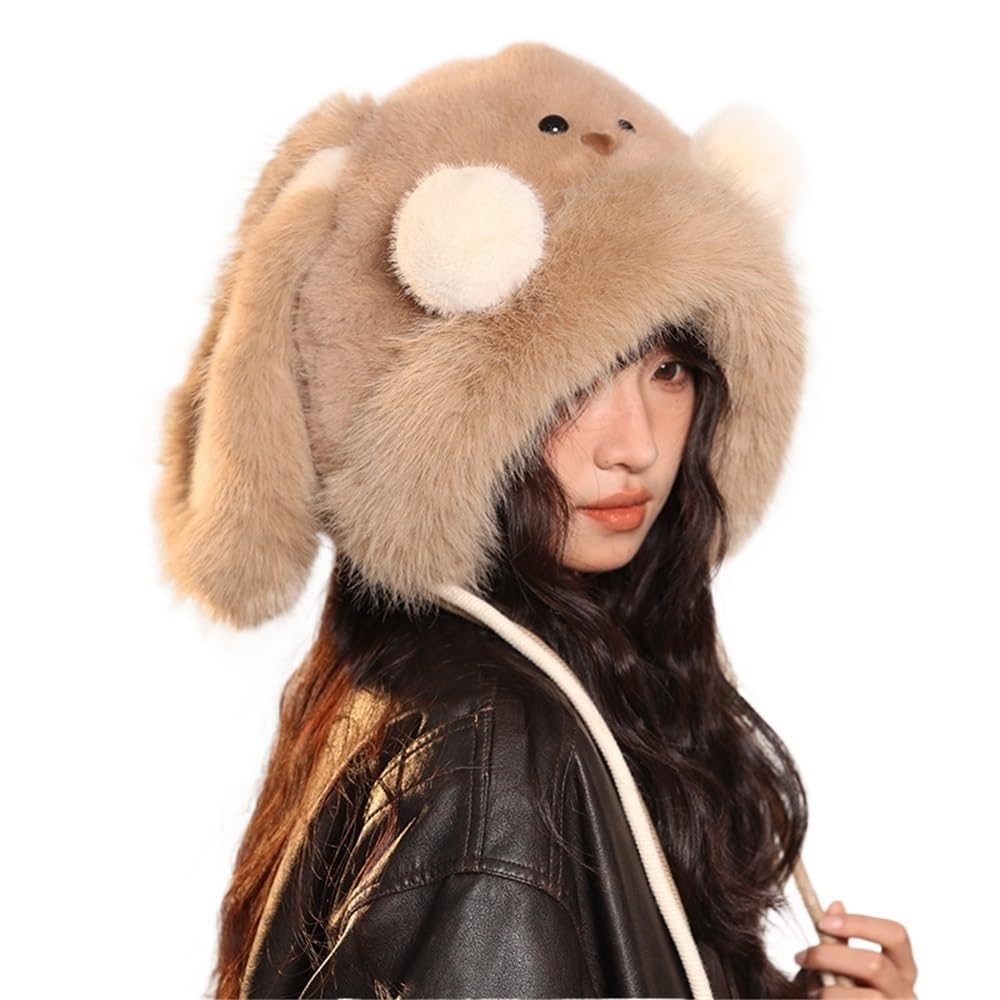 Bonnet fausse fourrure oreilles de lapin kaki style chapeau de ski