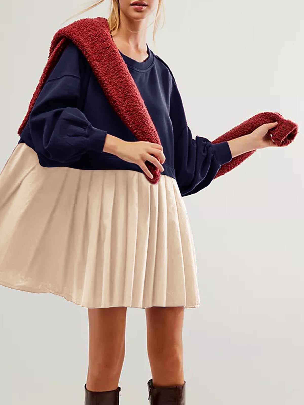Dokuritu Vestido tipo sudadera para mujer, cuello redondo, manga larga, con retazos, sin botones, con vuelo, de gran tamaño, mini vestido