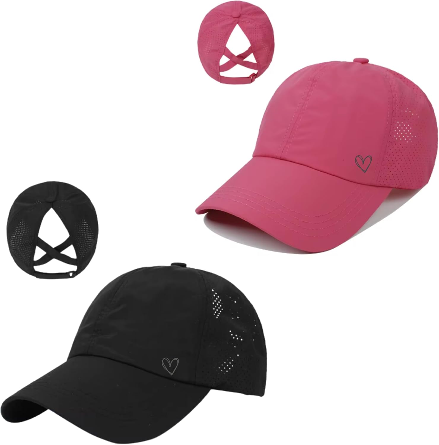 Women's Cross Ponytail Cap with Breathable Mesh, Quick Dry, Ponytail Hole, 2 Pack, Pink and Black. Embroidered Heart Insert., Pink/Black