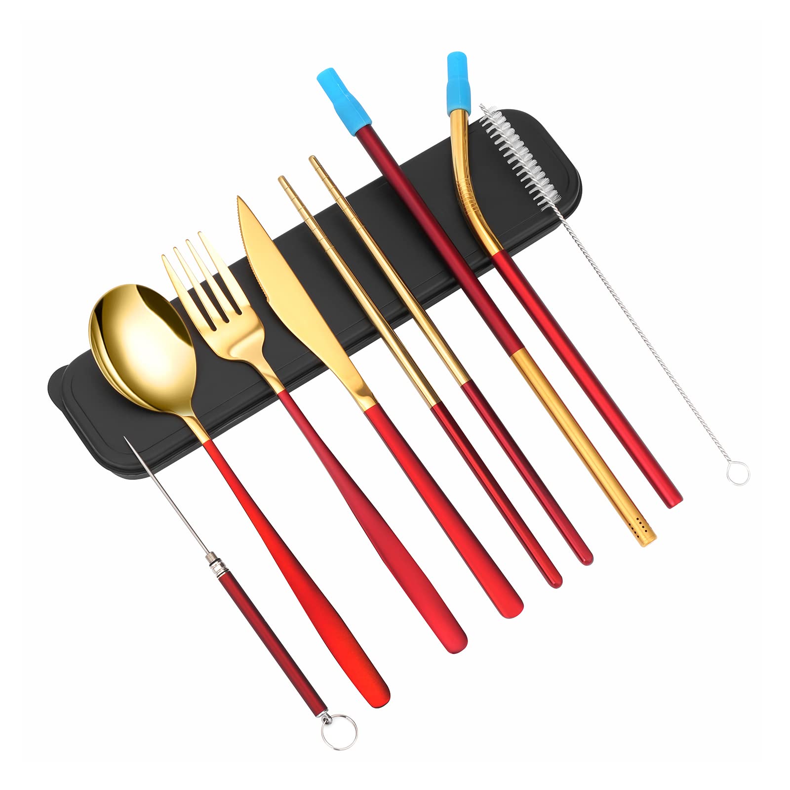 Portable Travel Utensils Flatware Set 8 Pieces Portable & Reusable Stainless Steel Cutlery Include Fork Knife Spoon Chopsticks Straws Toothpick Cleaning Brush Safe with Case(Red Golden)