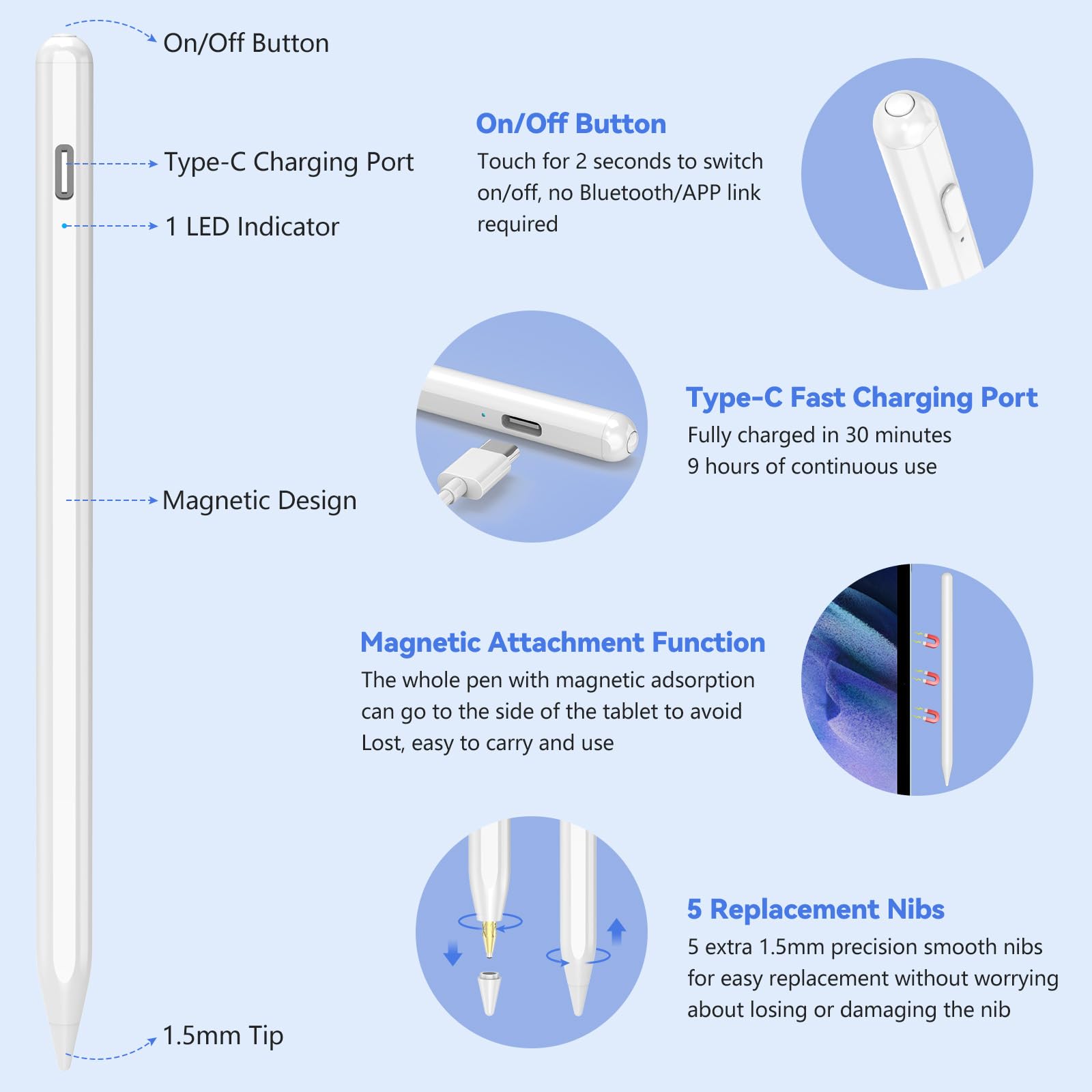 KISSLEAF Stylet Universel pour Tablette Android Samsung Lenovo Huawei Xiaomi Vivo avec 5 Astuces Pointe de 1.5 mm Charge Rapide 30min Adsorption Magnétique