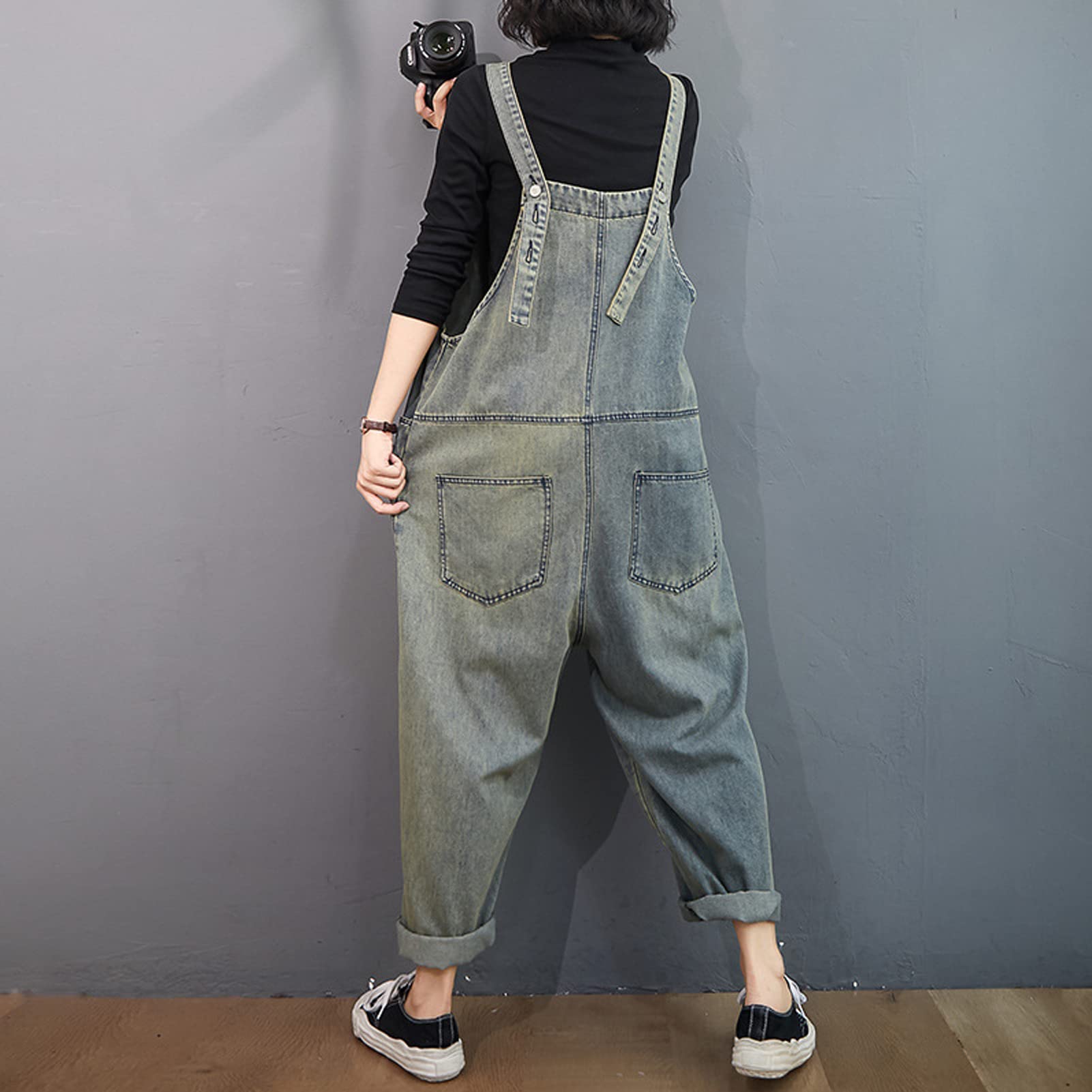 Salopette Donna Jeans retrò in Denim Lunga Regolabile Cinturino Senza Maniche Tute Baggy Casual a Gamba Larga Pantaloni Dungarees Overall Jumpsuit Light Blue-XXL