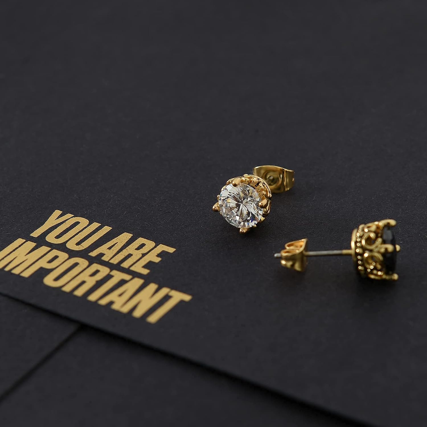 Black and Gold Earrings for Men Women, Retro Crown Hypoallergenic Stainless Steel Cubic Zircon Stud Earrings