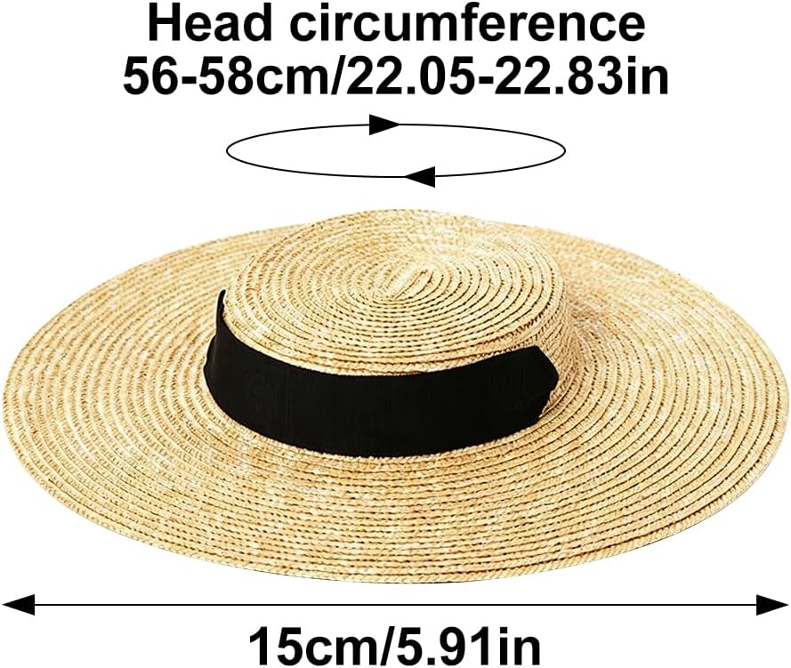 Women Flat Top Wide Brim Straw Hat, Beach Fishing Hat Summer Sun Cap with Ribbon Band