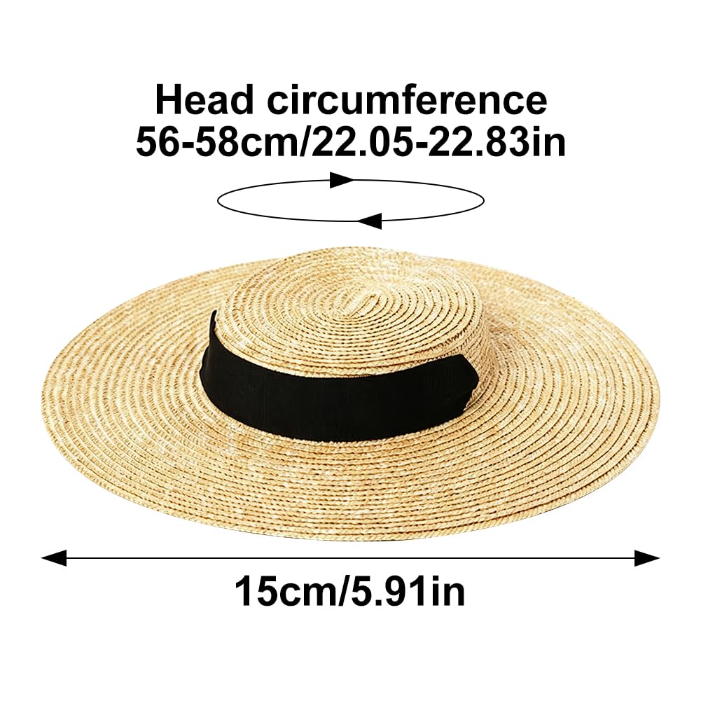 Gorra plana de ala ancha, sombrero de paja de verano para mujer con lazo para exteriores