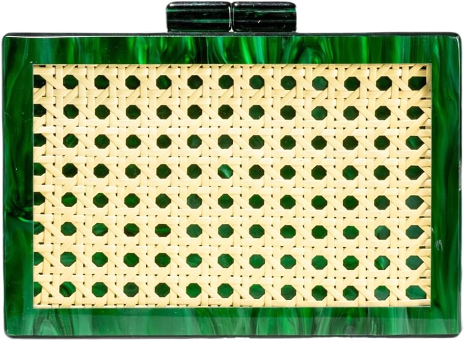 Women Elegant Rattan Acrylic Handbag Stylish Marbling Evening Bag Square Box Clutch Purse for Seaside Beach Party