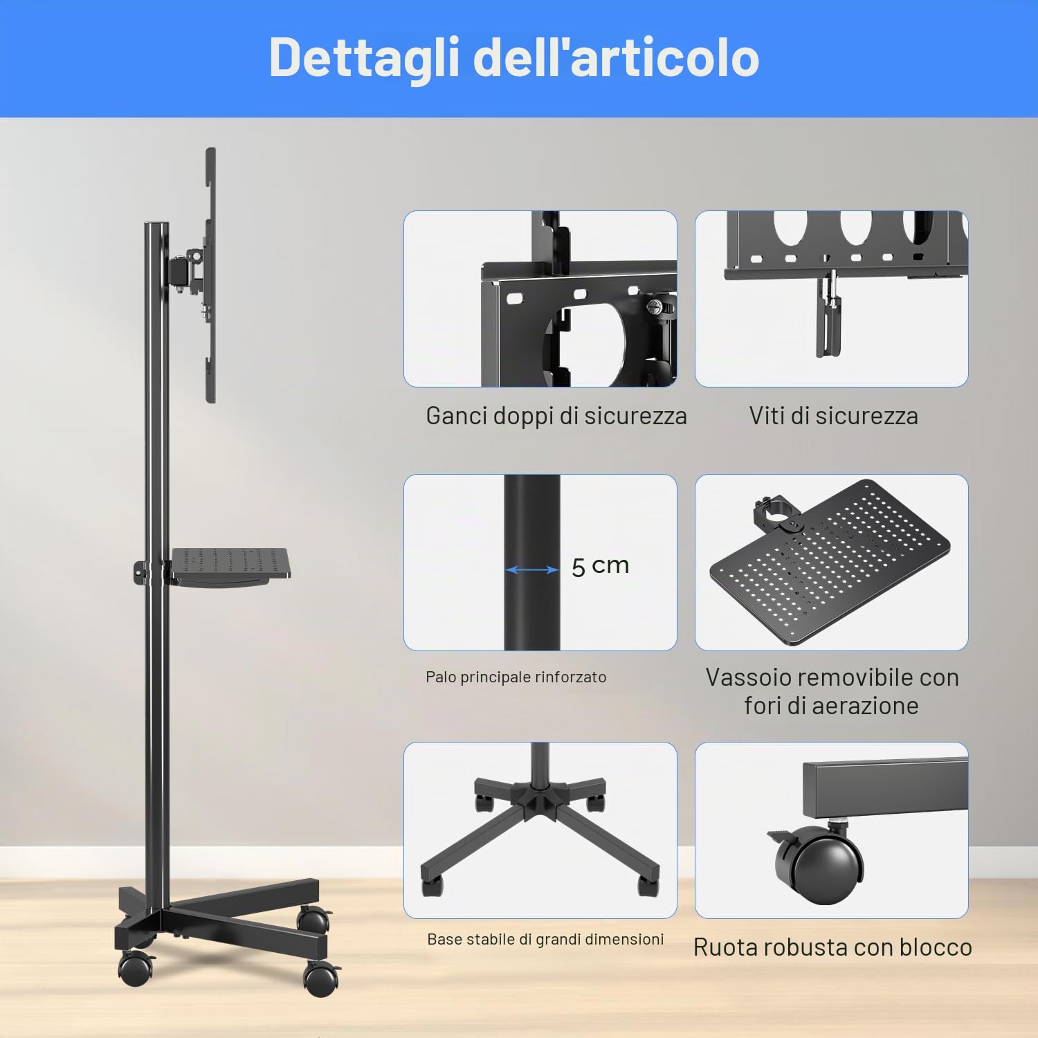 suptek Supporto per TV da 21 a 60 Pollici, Supporto TV Mobile con Mensola per Laptop, Carrello TV Regolabile in Altezza fino a 35 kg, Max.VESA 400 x 400 mm,ML55B,Nero