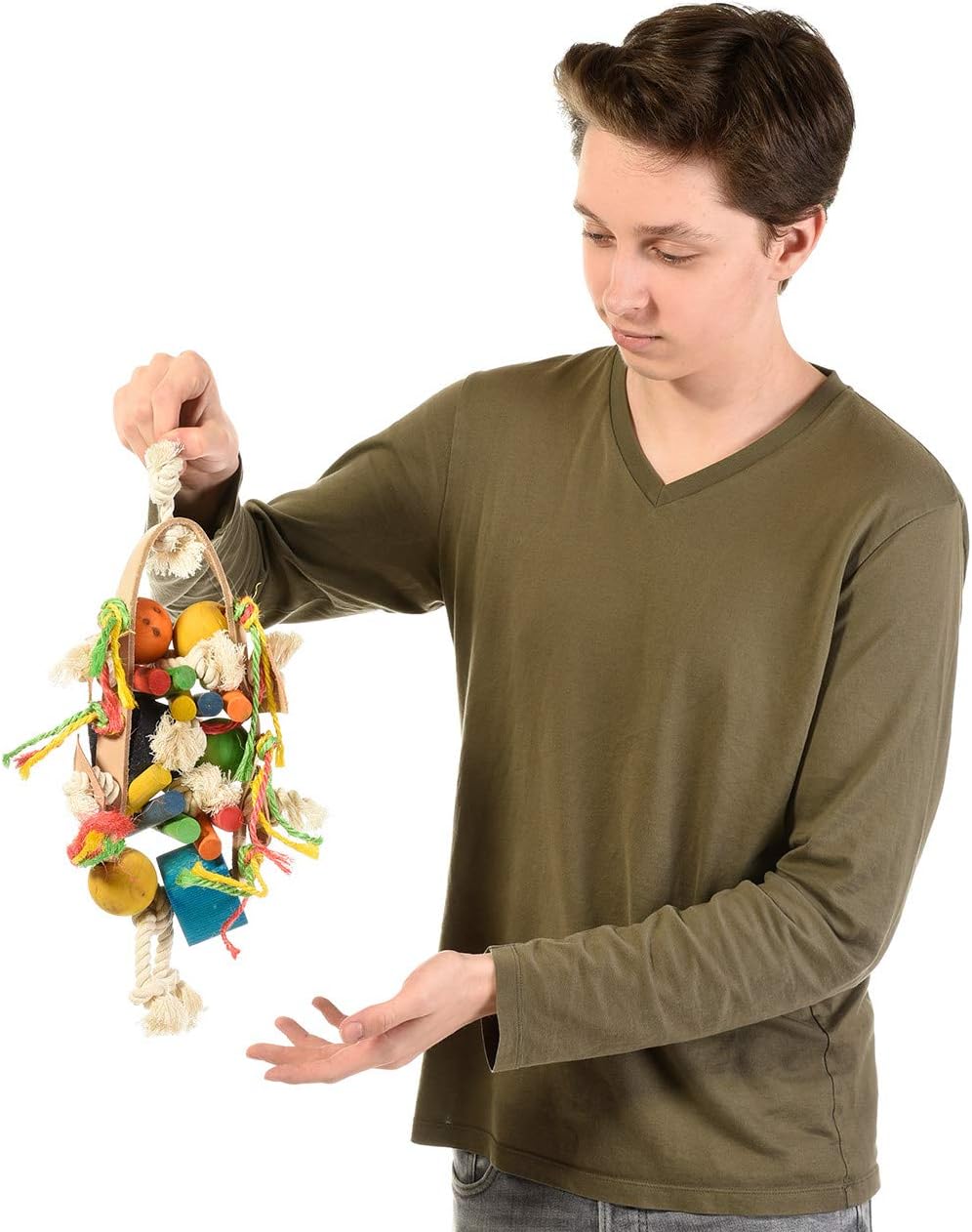 HappyBird Vogelspielzeug aus neuem Leder, lustiges Holz und Seil – ca. 20 x 17 x 40 cm