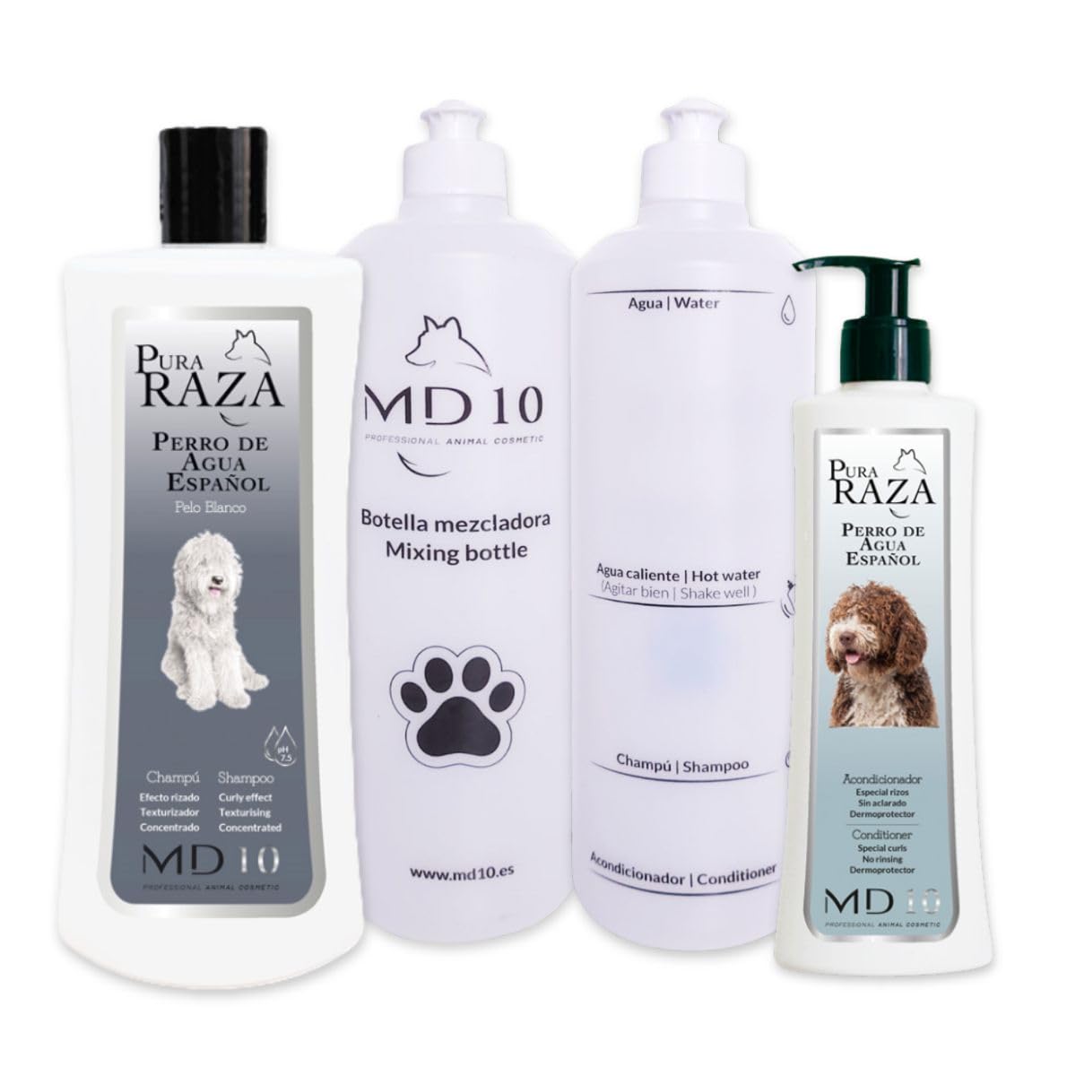 Pack Productos para Perros de Agua Pelo Blanco - Champú para Perros 750 ml, Acondicionador para Perros 300 ml, 2 Botellas Mezcladoras - Vegano y Biodegradable - Fabricado en España - MD-10 COLLECTION