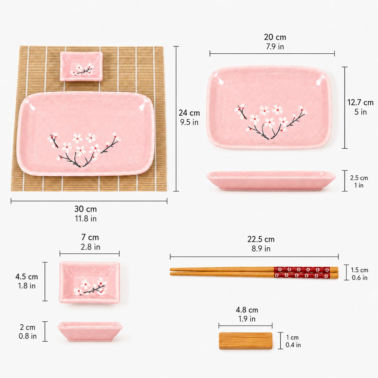 Exzact 10-teiliges Sushi-Set – 2 x Sushi-Teller, 2 x Dip-Schalen, 2 x Bambus-Tischsets, 2 x Bambus-Essstäbchen, 2 Paar Essstäbchen – hochwertiges Porzellan