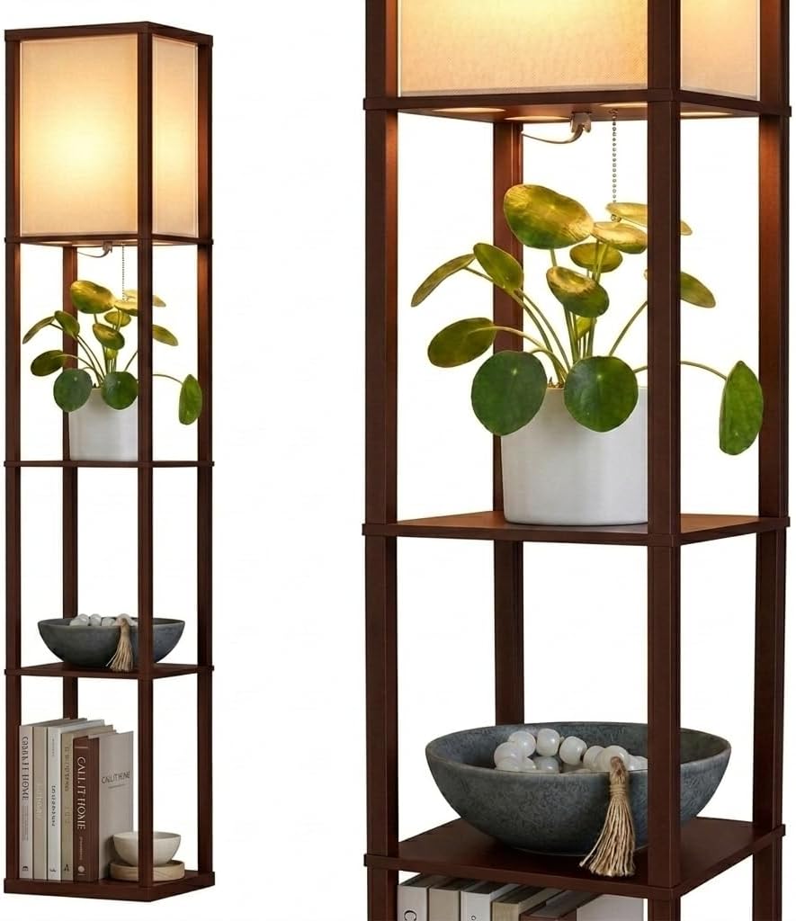Brightech Maxwell - Lámpara de pie moderna con pantalla y bombilla LED blanca cálida, lámpara de pie de esquina con estantes para sala de estar, dormitorio, mesita de noche, oficina, almacenamiento de decoración del hogar - Marrón Habana