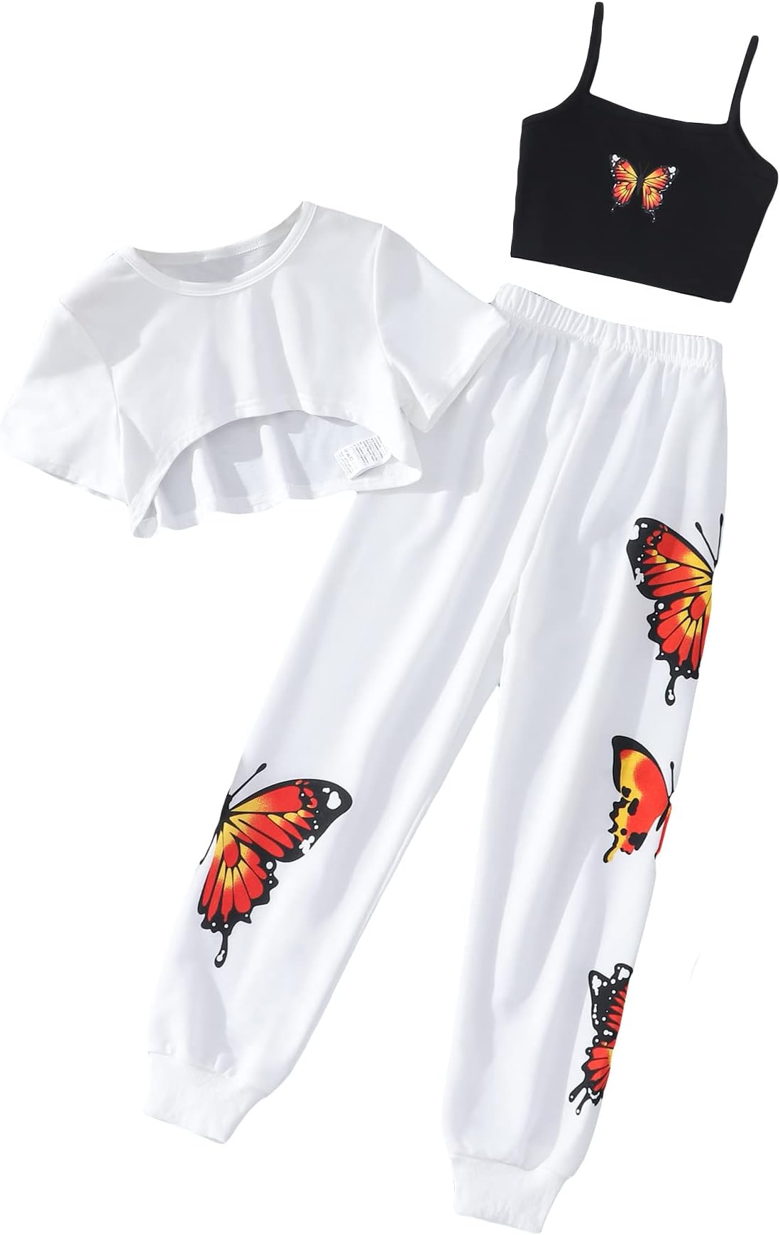 SOLY HUXGirl's Butterfly Print Cami Tops & High Low Hem Short Sleeve T Shirt with Sweatpants 3 Piece