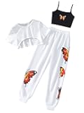 Girl's Butterfly Print Cami Tops & High Low Hem Short Sleeve T Shirt with Sweatpants 3 Piece
